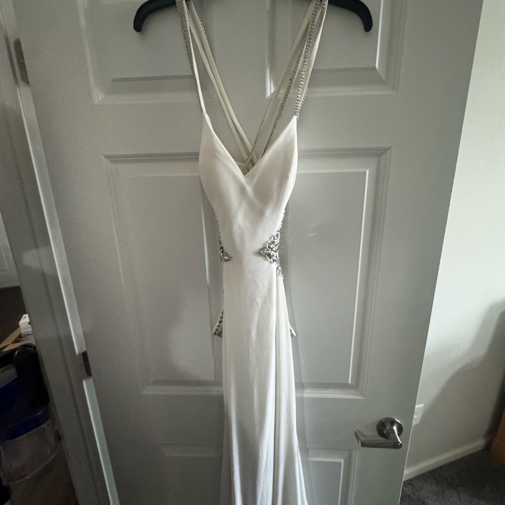 Backless White Evening Gown with Beaded Straps